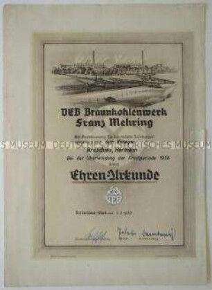 Ehrenurkunde "Als Anerkennung für besondere Leistungen bei der Überwindung der Frostperiode 1956"