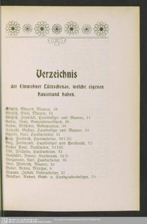 Einwohnerverzeichnis : Verzeichnis der Einwohner Lützschenas, welche eigenen Hausstand haben