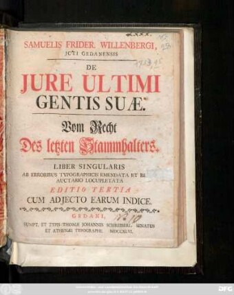 Samuelis Frider. Willenbergi, Jcti Gedanensis De Jure Ultimi Gentis Suæ