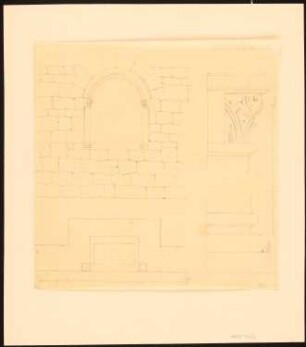 Ehemaliges Kloster Oberpleis Heiligennische und Kapitell von Rundbogensäulchen in der Rückwand einer ehemaligen Kapelle: Ansicht der Rundbogen-Nische, Grundriss, Kapitell und Basis der Säulchen im Rundbogen - Gartenmauer