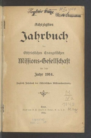 80.1914: Jahrbuch der Ostfriesischen Evangelischen Missions-Gesellschaft