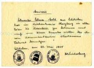 Handschriftliche Bescheinigung über die Benutzung eines Fahhrades zur Betreuung von Kranken im Kirchenkreis Herzberg