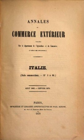Annales du commerce extérieur. Italie. Faits commerciaux. 1862/78 (1878)