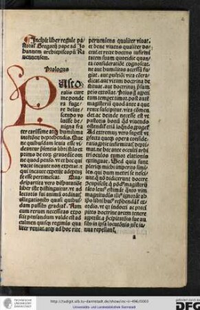 Incipit liber regule pastoralis cure ad Johannem archiepiscopum Ravennensem, prologus.