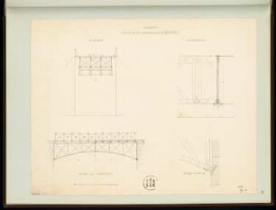 Schmiedeeiserne Bogenbrücke Monatskonkurrenz Juni 1861: Aufriss Seitenansicht und Längsschnitt, Querschnitt, Kostruktionsdetails; 2 Maßstabsleisten