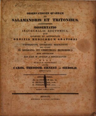 Observationes quaedam de salamandris et tritonibus : diss. inaug. zootom.