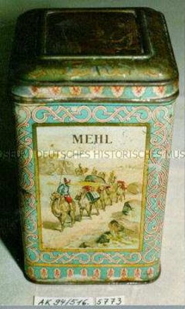 Blechdose für "MEHL" (Abbildung einer Kamelkarawane)