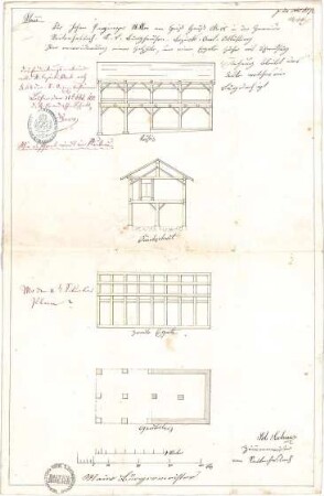 Lechner, Sebastian; Raitenhaslach; Scheune oder Stallgebäude - Grundriss, Ansichten, Schnitt