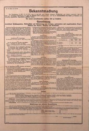 Bekanntmachung über "Beschlagnahme, Meldepflicht und Ablieferung von fertigen, gebrauchten und ungebrauchten Gegenständen aus Kupfer, Messing und Reinnickel"