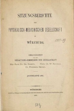 Sitzungs-Berichte der Physikalisch-Medizinischen Gesellschaft zu Würzburg. 1887
