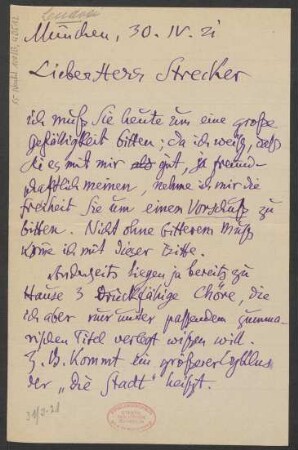 Brief an Willy Strecker und B. Schott's Söhne