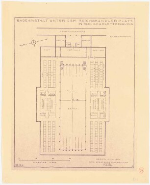 Reichskanzlerplatz, Berlin-Charlottenburg: 2.Untergeschoss (»Erdgeschoss«) der Badeanstalt unter dem Reichskanzlerplatz im Grundriss 1:200, Maßstabsleiste