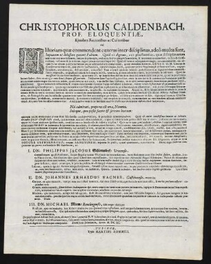 Christophorus Caldenbach, Prof. Eloquentiae Ejusdem Fautoribus ac Cultoribus Sal.
