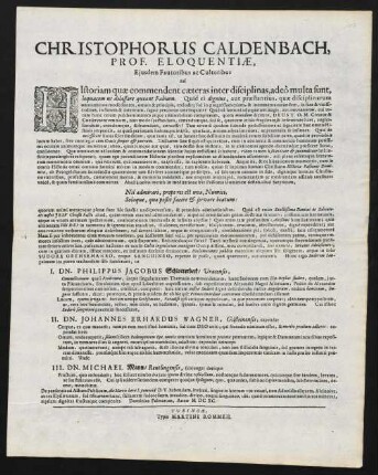 Christophorus Caldenbach, Prof. Eloquentiae Ejusdem Fautoribus ac Cultoribus Sal.