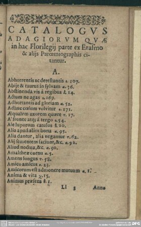 Catalogus Adagiorum Quae in hac Florilegii parte ex Erasmo & aliis Paroemiographis citantur