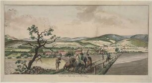 Das Dorf und das Schloss Meffersdorf mit Umgebung in der Oberlausitz (heute Niederschlesien, Pobiedna-Unięcice in Polen), aus Leskes Reise durch Sachsen von 1785?
