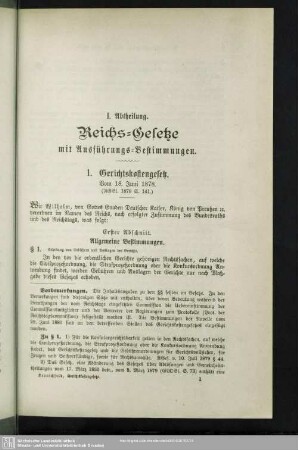 I. Abtheilung. Reichs-Gesetze mit Ausführungs-Bestimmungen