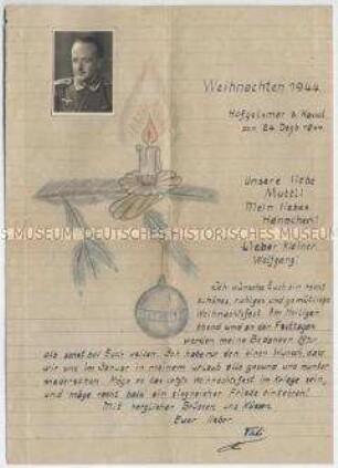 Selbst gestalteter Brief eines Wehrmachtsangehörigen an seine Familie zu Weihnachten 1944, mit Lichtbild - Personenkonvolut