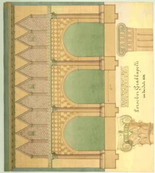 Zeichnung ägyptischer Lotus- und Papyrusdarstellungen und -ornamentik sowie zum Teil farbig gefasster ägyptischer Säulen und Kapitelle