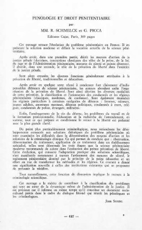 637, Pénologie et droit pénitentiaire, par R. Schmelck et G. Picca