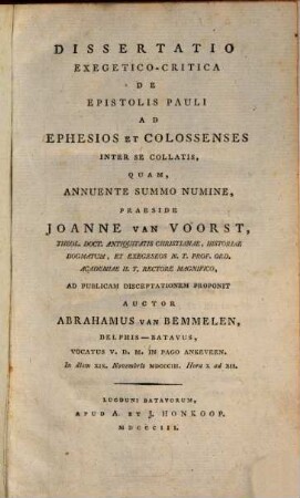 Diss. exeg.-crit. de Epistolis Pauli ad Ephesios et Colossenses inter se collatis