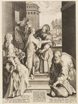 Die Jungfrau Maria grüßt Elisabeth auf der Treppe