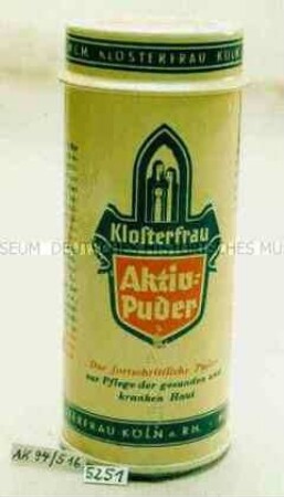 Blech-Spardose mit Werbeaufdruck "Klosterfrau Aktiv-Puder"