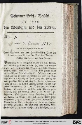 Geheimer Briefwechsel zwischen den Lebendigen und den Todten. Nro. 1