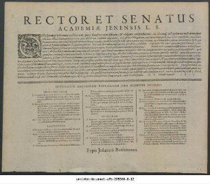 Rector Et Senatus Academiae Ienensis L. S.: Qua Catalogi lectionum publicarum, quos semestres edere solemus, & vulgare, complectuntur, ea plerumq[ue] vel opellarum nostrarum sunt ... impedimentorum ... P. P. Calend. Septemb. 1616.