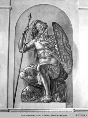 Decken- und Wanddekoration in Grisaille : Alttestamentarischen Figuren : Mann in Rüstung (David?)