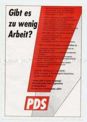 Wahlpropaganda der PDS zur Bundestagstagswahl 1990 mit Schwerpunkt auf die Arbeitslosigkeit