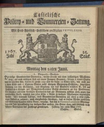 25. Stueck, Montag den 22ten Junii 1767