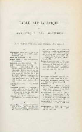 Table alphabétique et analytique des matières