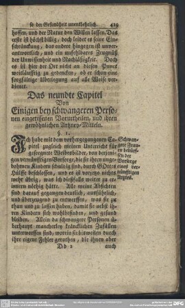 Das neunte Capitel Von Einigen bey schwangeren Personen eingerissenen Vorurtheilen, und ihren gewöhnlichen Artzney-Mitteln