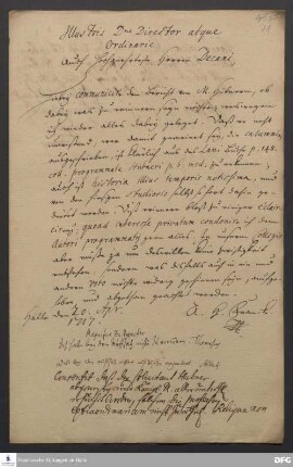 Brief von August Hermann Francke an den Direktor, die Ordinarien und Dekane der Universität Halle [darunter Christian Thomasius, Michael Alberti, Johann Peter von Ludewig und Johann Heinrich Michaelis].