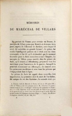 Mémoires du Maréchal de Villars publiés d'après le manuscrit original pour la société de l'histoire de France et accompagnés de correspondances inédites par M. le Mis de Vogüé, 2