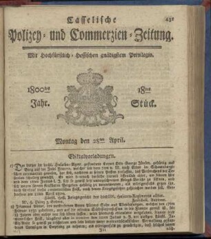 18tes Stueck, Montag den 28ten April 1800
