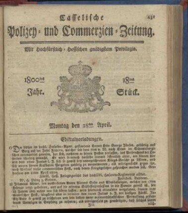 18tes Stueck, Montag den 28ten April 1800