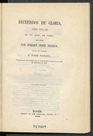 Recuerdos de gloria : juguete cómico-lírico en un acto, en verso, imitación