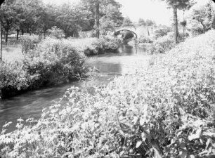 Bielatal. Blick entlang eines Baches gegen eine Straßenbrücke