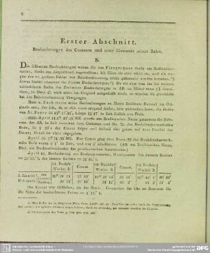 Erster Abschnitt. Beobachtungen des Cometen und erste Elemente seiner Bahn