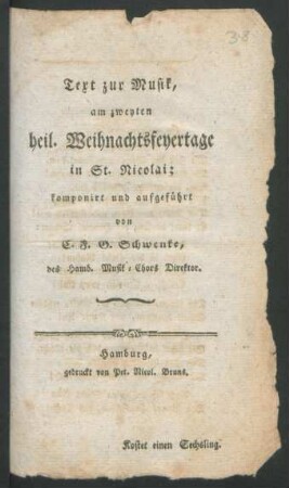 Text zur Musik, am zweyten heil. Weihnachtsfeyertage in St. Nicolai