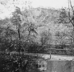 Radebeul. Lößnitzgrund mit Gleisen der Schmalspurbahn. Blick von unterhalb der Meierei zum Steinbruch