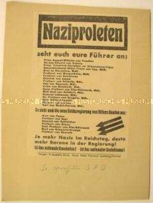 Antifaschistisches Flugblatt vermutlich der Sozialdemokratischen Partei Deutschlands mit Namenslisten politischer und militärischer Vertreter der Nationalsozialisten