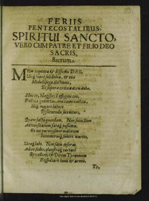 Feriis Pentecostalibus, Spiritui Sancto, Vero cum patre et filio dei sacros, sacrum / Joh. Rölingius