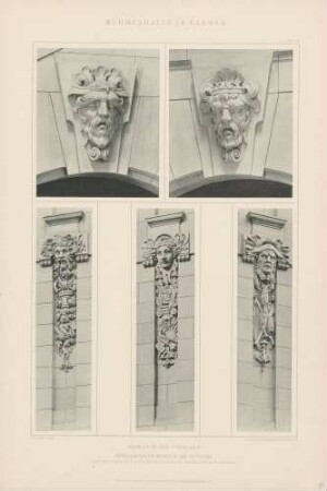 Masken in der Vorhalle und Pfeilerverzierungen an der Fassade der Ruhmeshalle in Barmen