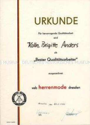 Urkunde zur Auszeichnung "Bester Qualitätsarbeiter"