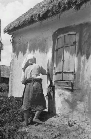 Zweiter Weltkrieg. Zur Einquartierung. Sowjetunion. Bäuerin beim Kalken ihres Hauses