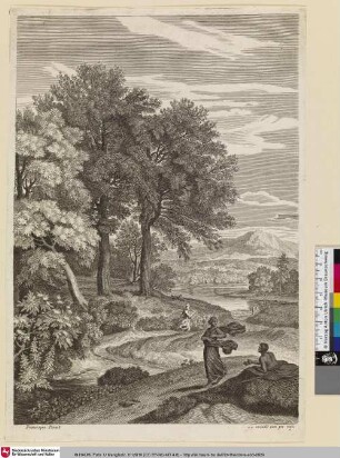 [Landschaft mit Bäumen und Fluss, im Vordergrund ein liegender Mann, der mit einer vorbeikommenden Frau spricht]