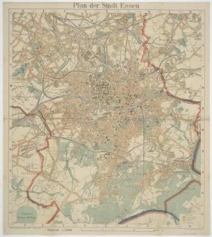 Plan von Essen, 1:15 000, Mehrfarbendruck, 1927 : Plan der Stadt Essen / Angefertigt im Stadtvermessungsamt Essen. - 1:15 000. - Düsseldorf : Blanckertz , 1927. - 1 Plan : Mehrfarbendr. ; 60 x 67 cm. Kopft. - Mit Suchnetz. - Mit Straßenverz. auf d. Rücks.